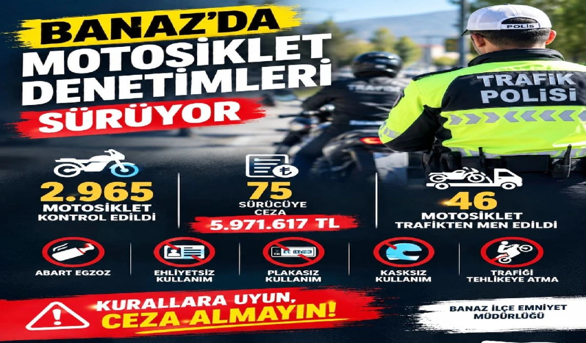 MOTOSİKLET DENETİMLERİ S&Uuml;R&Uuml;YOR 75 S&Uuml;R&Uuml;C&Uuml;YE 5 MİLYON 971 BİN TL CEZA!